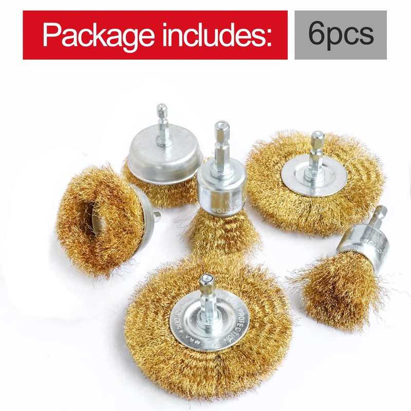 Hiqalty 6PCS Brass Wire Wheel Brush Kit for Drill,Crimped Cup