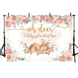 MEHOFOND Oh Deer Baby Shower Backdrop Pink Floral Girls Woodland Baby Shower Photo Background Greenery Glitter Gold Fawn Newborn Kids Birthday Decorations Photo Booth Banner Supplies 7x5ft