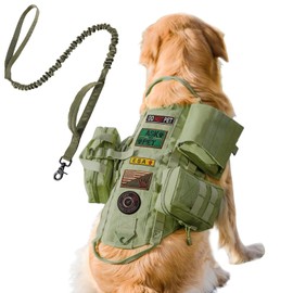 AIWAI Tactical Dog Harness with Pouches,Dog Vest Harness for Large Medium Dogs No-Pull Adjustable Military Dog Harness with Handle Walking Hiking Training (Army Green(with Leash), L)