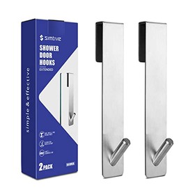Simtive Ganchos extendidos (7 pulgadas) para puerta de ducha de vidrio sin marco, ganchos para toallas, paquete de 2, color plateado