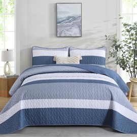 Boho Queen Quilt Set, Striped Bedspread Coverlet Bed Mineral Blue Bedding Sets 3 Pieces Micofiber Lightweight Quilts Sets with 2 Pillow Shams for Summer 96''x90