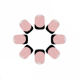 MERVF Square Press on Nails Short Fake Nails Black French Tip Glue on Nails Press ons Glitter French Squoval Acrylic Nails with Design Glossy 24pcs