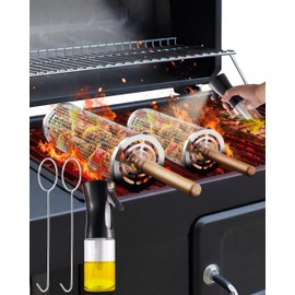 Grill Baskets with Handles, Nesting Rolling Grill Baskets for Outdoor, BBQ, Grilling Net for Vegetables Hotdog, 2pcs BBQ Grilling Accessories Cookware Gadget Tools for Outside Kitchen Cooking Camping