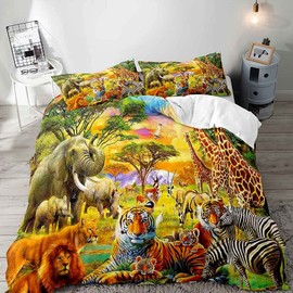 VIVIHOME 3PCS Safari Duvet Cover Full, Boys Kids Bedding, Jungle Animal Tiger Lion Elephant Zebra Giraffe Savannah African Wildlife Wild Comforter Bedspread Quilt Cover, 2 Pillowcases