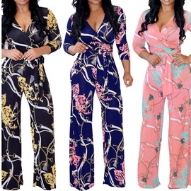 Lisa Colly Women's Summer Floral Print Wide Leg Jumpsuits Casual Beach Rompers Long Pants (Pink,X-Large)