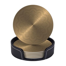 BOXIMIAO Drink Coasters with Holder Stand Set of 6, Mandala Rosette Engraving Pu Leather Absorbent Coasters with Cork Base Table Round Coaster for Housewarming Apartment Kitchen Bar Decor