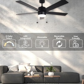 HOMEnhancements 52 Inch Ceiling Fan with Light Modern Black Ceiling Fan with Pull Chain for Bedroom Living Room 3 Color Temprature LED Light