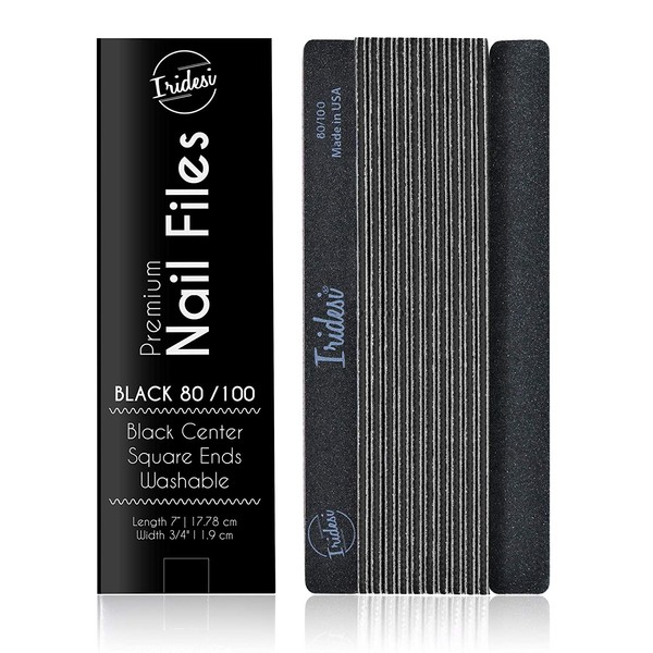 Professional Nail Files Black Washable Emery Boards 7 Inches Long Square End Serrated Edge 12 Fingernail Files Per Pack (80/100)