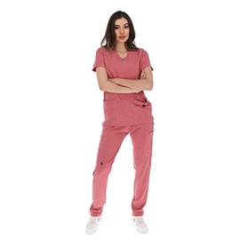 Master Scrubs Pijama Quirúrgica Scrub Médico Anti fluidos para Mujer con pantalón Jogger y Bolsillos (L, Palo Rosa)