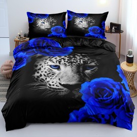 DXHOME Leopard Bed Linen 135 x 200 cm Black Animal Motifs Children's Bed Linen Blue Floral Pattern Leopard Bed Linen 3D Animal Motif Duvet Cover with Zip + 1 Pillowcase 80 x 80 cm