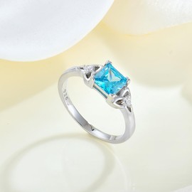 Vemhel Celtic Knot Rings 925 Sterling Silver 6mm Princess Cut Birthstone Engagement Rings for Women, 10, Sterling Silver, White Gold, Platinum, Created Aquamarine