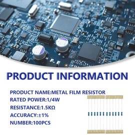Innfeeltech 1/4 W 1% Tolerance 1.5K Ohm Metal Film Resistor for DIY Project and Experiments, 100 Pieces