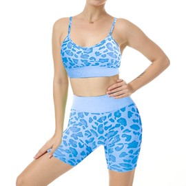 Conjunto de yoga sin costuras para mujer, 2 piezas, brasier deportivo de entrenamiento con pantalones cortos de cintura alta, traje de leggings JNINTH, azul (Leopard BLUE), XL