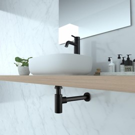 KIBI Round Bottle Trap for Bathroom Sink | Decorative Brass Basin Sink Waste Drain Kit | Durable Matte Black Finish with Adjustable Design for Easy Installation & Leak-Resistant Performance (KBT101)