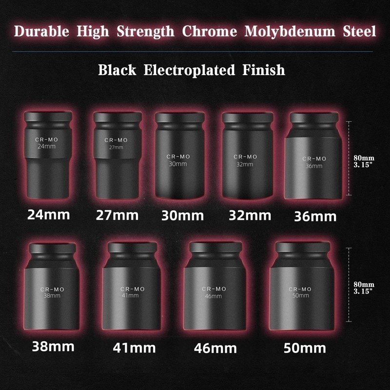TONYNOL 1" Inch Drive Deep Impact Socket Set,9 Pieces,6-Point,Metric Sizes(24mm,27mm,30mm,32mm,36mm,38mm,41mm,46mm,50mm),Cr-Mo