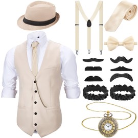 SATINIOR 1920s Mens Costume Roaring Outfit with 20s Gangster Vest Hat Pocket Watch Suspenders(XX-Large,Beige)