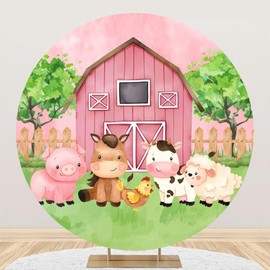 Laeacco 7.2x7.2ft Farm Animals Theme Round Backdrop Pink Barn Door Farmhouse Cartoon Pig Cow Chicken Photography Background for Girls Children Baby Shower Birthday Party Decor Portrait Booth Props