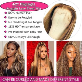 Cypha Ombre Lace Front Wig Human Hair Highlight 13x6 HD Straight Lace Front Wigs 180% Density 4/27 Colored Honey Blonde HD Lace Frontal Wigs For Women Glueless Pre Plucked with Baby Hair 22inch