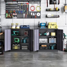 STANI Metal Storage Cabinet with 2 Adjustable Shelves, Steel Counter Cabinet with Lockable Doors for Home Office Warehouse Garage (Black Grey, 36" H-Style 2)