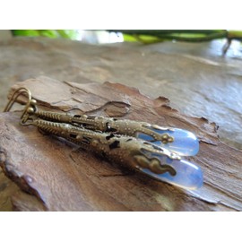 Long case in bronze and moonstone earrings – long drops ✿ unique earrings with beautifully shaped hooks