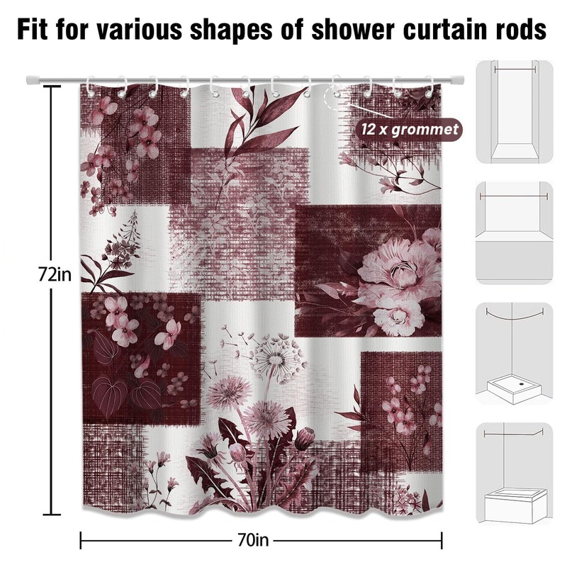 DLTAY Burgundy Patchwork Shower Curtain, 72x72 in