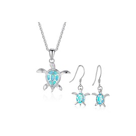 Choistily Turtle Necklace Earrings for Women Silver Turtle Opal Pendant Necklace Silver Turtle Opal Earrings Turtle Jewelry Sets for Women (blue)