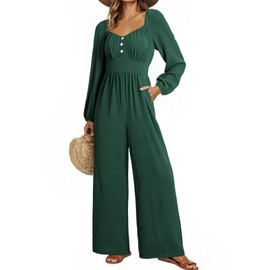 Dokotoo Jumpsuit for Womens Dressy Long Sleeve 2025 Elastic Waisted One Piece V Neck Pockets Fashion Outfits,Blackish Green Large