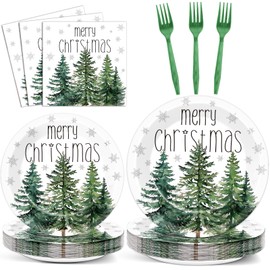 96Pcs Christmas Tree Paper Plates and Napkins for Merry Christmas Watercolor Cedar Snowflake Party Supplies Xmas Pine Trees Party Tableware Set for 24 Guests Holiday Winter Xmas Party Decorations