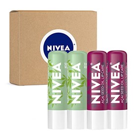 NIVEA Paquete variado de cuidado de labios vegano, aceite de semilla de acai y aceite de semillas de cáñamo con barras de bálsamo labial de manteca de karité, barra de 0.17 onzas, paquete de 4