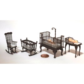 Maki's Mini's Dollhouse Miniature Nursery Changing Table, Crib, Cradle, Rocker 2 Baby 1:24 1/2