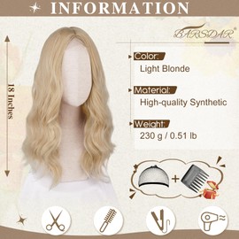 BARSDAR Medium Length Blonde Wig, 46 cm Wavy Blonde Wig for Women, Centre Parting, Natural, Heat-Resistant, Synthetic Shoulder Length, Curly Wig - Light Blonde