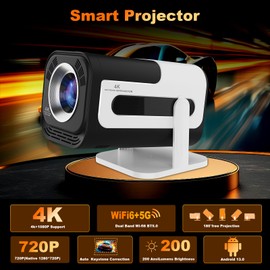 Ear&Ear Mini Projector, HY320 Portable Projector, Support 4K 1080P with Dual-Band WIFI6 5G Wireless 5.0 Bluetooth Android 11, 180° Rotatable, Auto Keystone Correction, 40"-130" Screen Video Projector