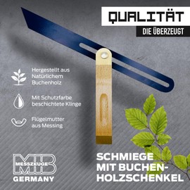 MIB Bevel with Beech Wood Leg and Blue Blade 300 x 28 x 1.0 mm | Protractor for Carpenter's Square | Angle Bevel with Brass Fitting | Measuring Tool for Carpenters & Carpenters | Precision Angle