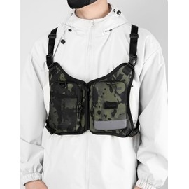 Chest Bag For Men Women Water Resistant Zip Running Vest Phone Holder With Extra Storage Reflective Print Adjustable Band Lightweight Chest Pack For Workouts Sport Cycling Hiking Outdoor Camouflage