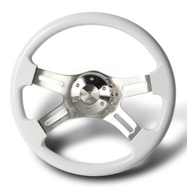 RACING9SPEED W-POWER Universal 16" 406MM 2" Deep Dish 5-Hole 4-Spoke Steering Wheel w/Horn Button, Car Mods Interior Accessories, Auto Replacement Parts Assembly (Billet Center/White Wood Grip)