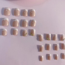 24Pcs Glossy White Press on Nails Square Short Full Cover French Tips Artificial Fake Nails with Rhinestone Designs Acrylic Coffin False Nails with Glue Stick on Nails for Women Girls