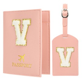 PATIKIL Passport Holder for Travel, Initial Passport Cover and Luggage Tag Set with Alphabet Chenille Letter Patch Travel Wallet Bag Suitcase Identifier for Women Family Travel Pink V