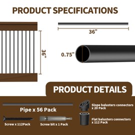 HYPERGIANT 56 Pack 36" Aluminum Deck Balusters,3/4" Round Deck Railing Spindles with Conectors and Screw,Hollow Metal Deck Balusters for Railing Fencing Porch,Black Deck Stair Spindles for Staircase