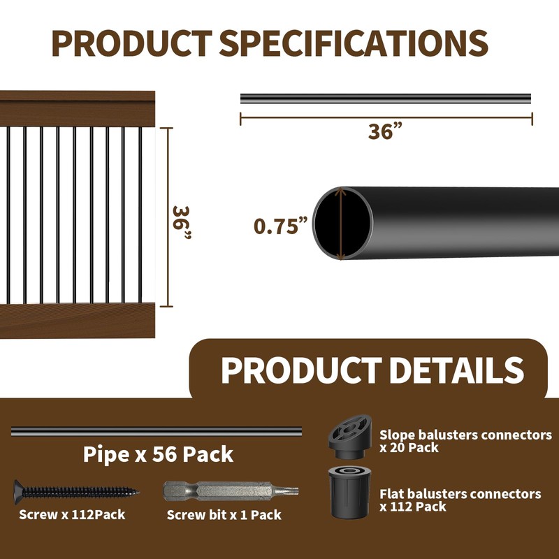 HYPERGIANT 56 Pack 36" Aluminum Deck Balusters,3/4" Round Deck Railing