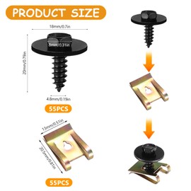 55 Sets Auto Screw and Nut Clip Kit, Auto Body Fender Screws and U Nuts Speed Fasteners, Car U Clips and Screw Kit, U Type Fastener Clip with Screws for Car Wheel Undertray Fender Bumper Fixing Clips
