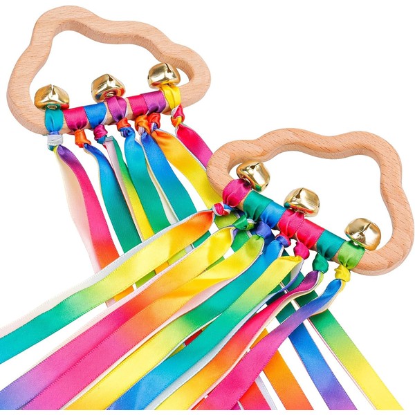 2PCS Sensory Wooden Ring Baby Toys - Babies Rainbow Ribbon Rattle Toy Educational Toddler Play Toy with Bells Newborn Toys Gifts for Toddles Infant 0 3 6 9 12 Months
