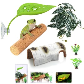 Crested Gecko Tank Accessories, Reptile Decor,Reptile Hanging Plants Vines with Coconut Shell Ladder Hideout Hermit Crab Decor for Lizard, Chameleon Cage, Snakes, Hermit Crab, Leopard Gecko (Decor-1)