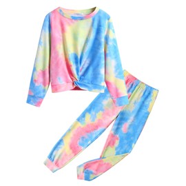 Arshiner Girls Clothing Sets Tie Dye Twist Front Crop Top and Sweatpants Outfits Sportwear Sweatsuits Tracksuits 11-12 Years