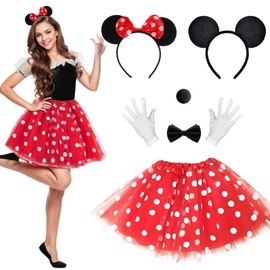 Singtis Singtis Karneval Kostüm Damen Maus Mouse Kostüm Rot Weiß Schwarz mit Tutu Gepunktet + Haarreifen mit Maus Ohren und Schleife für Fasching Karneval Motto Party