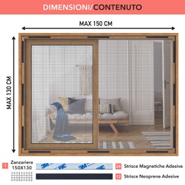 Magnetisches Fliegengitter für Fenster, innovative Befestigung mit Magneten schnell und einfach – Made in Italy, Netz aus Fiberglas robust und auf Maß zuschneidbar (130 x 150 cm)