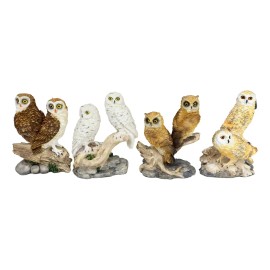 Colorful Barn Great Horned Snowy & Screech Owl Perching On Branch Figurine Set