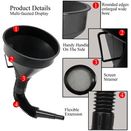 Flex Funnel - Wide Mouth Flexible Funnel with Handle, Automotive Funnels for Engine Oil, Liquid, Diesel, Kerosene,Gasoline (1pcs 5.2" Black)