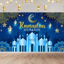 Ramadan Mubarak Background Decoration Muslim Background Banner Eid Mubarak Background Ramadan Kareem Background for Muslim Islamic Party Ramadan Decoration (Blue)
