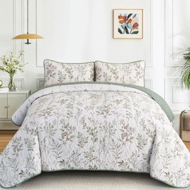 Anibedding King Size Quilt Sets Green Floral Pattern Quilt Bedding Set, 3 Pieces Botanical Quilt Soft Microfiber Bed Coverlet for All Season(104" x 90")