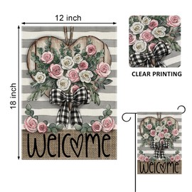 Covido Welcome Valentine's Day Pink Rose Flower Decorative Garden Flag, Love Gray Stripes Plaid Bow Farmhouse Yard Outside Decorations, Anniversary Wedding Outdoor Small Home Decor Double Sided 12x18